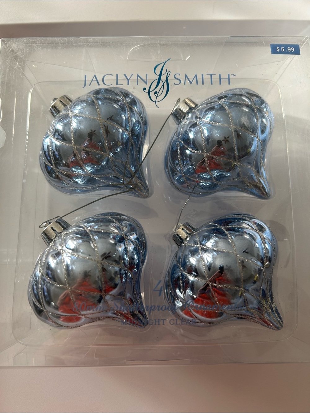 Jaclyn Smith Silver Blue Teardrop Holiday Ornaments - Set of 4